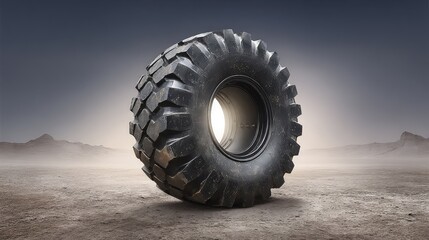 Large Black Off-Road Tire on Desert Landscape with Dramatic Lighting and Mountain Background