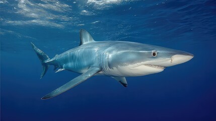 Obraz premium Majestic Blue Shark Swimming Gracefully in Clear Ocean Waters