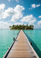 Fototapeta premium Island Paradise with wooden pier: A sun-kissed paradise, captured with the allure of a wooden pier.