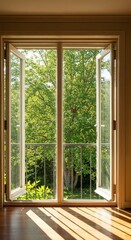 Obraz premium Open Window to Nature: An open window frames a vibrant view of lush green trees and a balcony, bathed in natural sunlight.