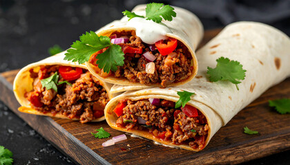 Delicious Burritos: A close-up shot showcases three appetizing burritos on a wooden cutting board, each filled with savory meats, fresh cilantro, and colorful vegetables.