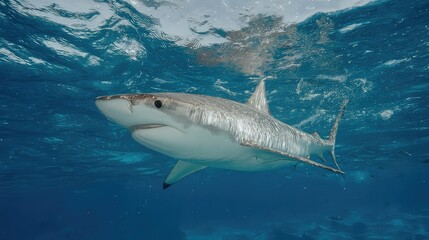 Obraz premium Majestic Shark Swimming Gracefully in Clear Blue Ocean Waters Under Bright Sunlight