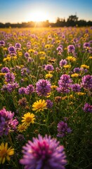 Obraz premium Golden Hour Meadow: The sun bathes a vibrant meadow in its warm glow, showcasing a tapestry of wildflowers in full bloom, offering a serene view and perfect nature scene.