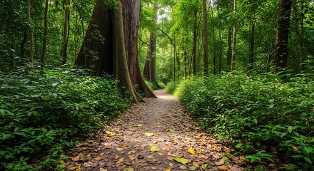 Obraz premium Explore a tranquil forest path bathed in dappled sunlight, inviting adventure and serene nature immersion.