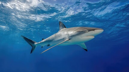 Obraz premium Majestic Shark Gliding Through Crystal Clear Ocean Waters Under Bright Sunlight with Stunning Blue Background
