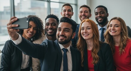 Obraz premium Team Selfie in Business: A dynamic group of business professionals gather to capture a cheerful selfie. The scene shows the essence of togetherness, joy, and collaboration