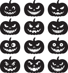 Obraz premium Sinister Smile: A collection of eleven distinct, menacing jack-o'-lanterns is carved with various, evil, expressions. The dark silhouettes are perfect to evoke fear, suspense, and Halloween vibes.