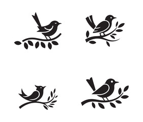 Singing and Perched Bird Silhouettes on Branches Vector Set