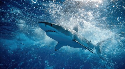 Majestic Shark Swimming Gracefully in Crystal Clear Ocean Waters Under Bright Sunlight