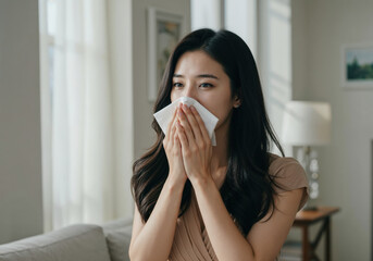 Woman Blowing Nose with a Tissue: In a cozy, naturally lit living room, a person gently uses a tissue. expressing moment of delicate self-care, wellness, and the simple act of alleviating discomfort.