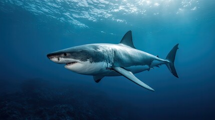 Fototapeta premium Majestic Great White Shark Swimming Gracefully Through Crystal Clear Ocean Waters