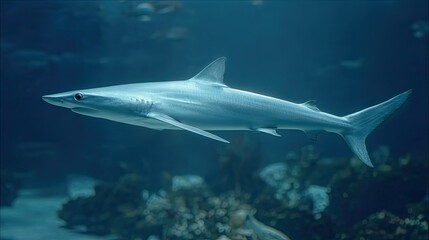 Fototapeta premium Graceful Shark Swimming in Clear Ocean Water Surrounded by Colorful Underwater Life
