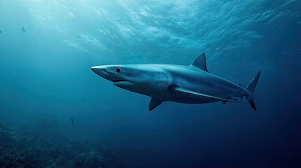 Fototapeta premium Majestic Blue Shark Swimming Gracefully Through Deep Ocean Waters Under Bright Sunlight