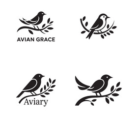 Aviary Bird Silhouettes on Decorative Branches Vector Set