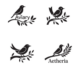 Perched Bird Silhouettes on Tree Branches Vector Set