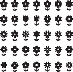 Floral Silhouette Collection: A meticulously arranged collection of delicate black flower silhouettes, perfect for minimalist design projects, embodying nature's simplicity and elegance.