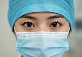 Focused Eyes of Healthcare: A close-up portrait of a dedicated healthcare professional, masked and poised, with a piercing gaze conveying expertise and compassion. 