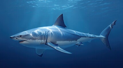 Fototapeta premium Majestic Great White Shark Swimming Gracefully in Crystal Clear Ocean Waters Under Bright Sunlight