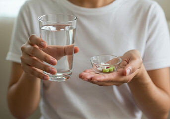 Taking Daily Remedy: Capturing the moment of a person with a glass of water in one hand, and pills in the other, illustrating the concept of health, well-being, and medical treatment.