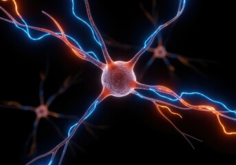 Neural Symphony: A vibrant depiction of neurons in a complex biological structure, where the interconnectedness of cells is showcased by the striking glowing network.