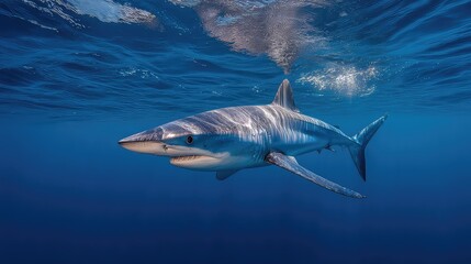 Naklejka premium Graceful Blue Shark Swimming in Clear Ocean Waters Captured with Stunning Detail and Vibrant Colors