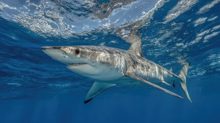 Fototapeta premium Majestic Shark Swimming Gracefully in Clear Tropical Waters Under Bright Sunlight