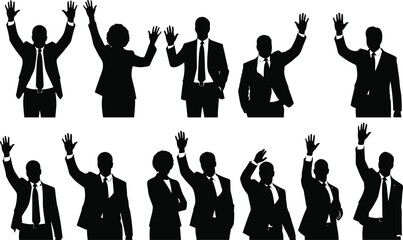 Business team silhouette set, black, raised hand, waving, greeting, oath gesture, suit attire, vector professional posture illustration bundle