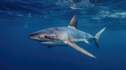 Obraz premium Majestic Shark Swimming Gracefully Underwater in Clear Blue Ocean Environment