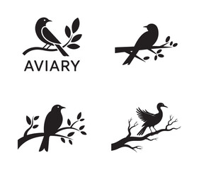 Perched Bird Silhouettes on Tree Branches Vector Set