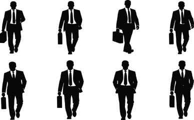 Businessman silhouette set, black, walking with briefcase, suit attire, motion variations, vector corporate activity posture illustration bundle