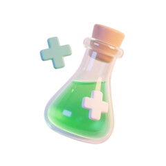 3D icon of Glass Bottle with Medical Cross and  Green Liquid