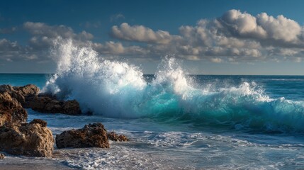 Powerful waves crash against rugged rocks at a beach sending white foam into the air. The clear blue sky is dotted with fluffy clouds creating a serene afternoon scene.