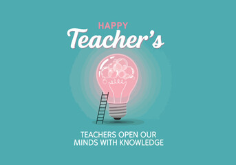 Vector illustration of happy teachers day with a glowing pink light bulb containing a brain and a ladder, symbolizing knowledge and education
