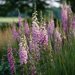 Obraz premium Pale pink foxglove blossoms in a garden setting, surrounded by grasses and other plants, bathed in soft light