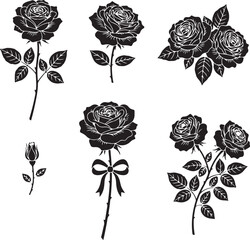 Black and White Rose Silhouette Collection: A collection of elegant black rose silhouettes against a background, capturing the beauty of timeless floral design. 