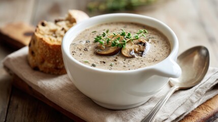 A bowl of creamy mushroom soup is garnished with fresh herbs and sliced mushrooms. A piece of crusty bread sits nearby on a wooden surface creating a cozy dining scene.