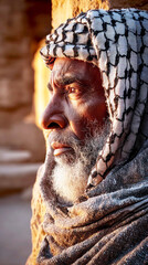 Elderly man in patterned keffiyeh gazes in profile, silver beard glowing in warm sunset by a rough stone wall, blurred ancient ruins behind, concept of wisdom and cultural heritage