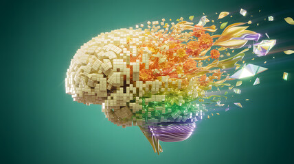 A vibrant brain composed of blocks and flowers against a teal background in a digital rendering