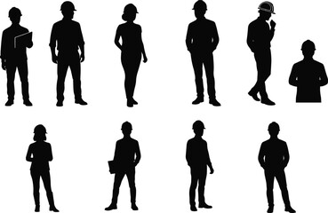 Industrial professional silhouette set, black, workers with hard hats, clipboards, tablets, vector, isolated construction and inspection posture bundle