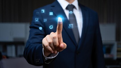Obraz premium Technology abstract background with person hand touching complex circular diagram on virtual screen with copy-space, innovation, network, big data and internet concept