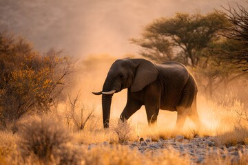 Obraz premium A majestic elephant walks through tall golden grass in the African savanna, surrounded by acacia trees during warm sunset light. 