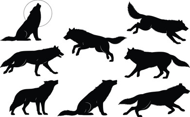 Wolf silhouette set, black, howling, running, leaping, sitting, moon detail, vector, isolated wild animal posture illustration bundle