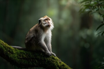 Obraz premium Curious monkey sits on a moss covered tree branch, looking upward with thoughtful expression in a lush green jungle forest. 