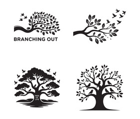 Decorative Tree Branches and Bird Silhouettes Collection. Illustration eps 10