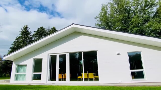White house with a pitched roof, surrounded by trees and a lawn, on a sunny day