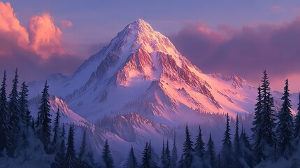towering snow-covered mountain peak at dawn, soft pink alpenglow on the summit, dramatic winter ridges and icy slopes,
