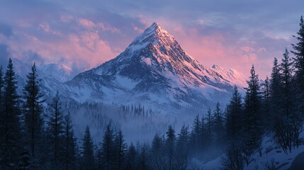 towering snow-covered mountain peak at dawn, soft pink alpenglow on the summit, dramatic winter ridges and icy slopes,