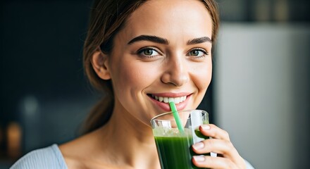 Close-up portrait of a young woman smiling and drinking a green juice with a straw in a modern kitchen.