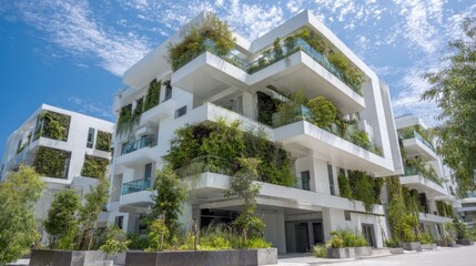 Fototapeta premium Stylish buildings designed with balconies and terraces overflowing with greenery. The bright daylight reveals a vibrant urban landscape promoting a connection with nature.