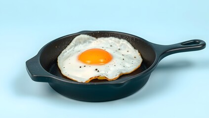 Fried egg with a golden yolk in a black frying pan, a classic breakfast food